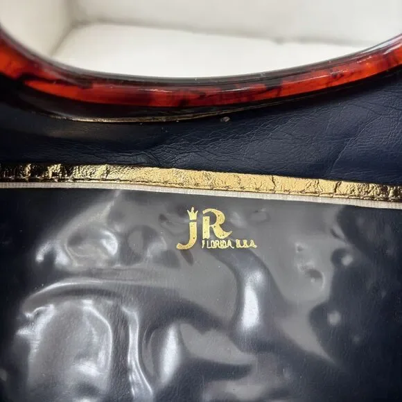 Vintage JR Florida USA Navy Blue Handbag Purse Bakelite Handles MCM Mod 50s 60s - Picture 9 of 15